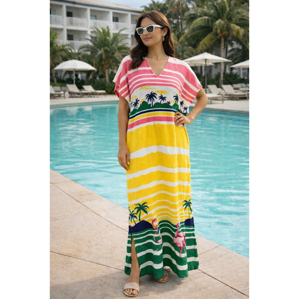 Ann R. Moore for Millicent Tropical Flamingo Palm Tree Maxi Kaftan Cover Up‎